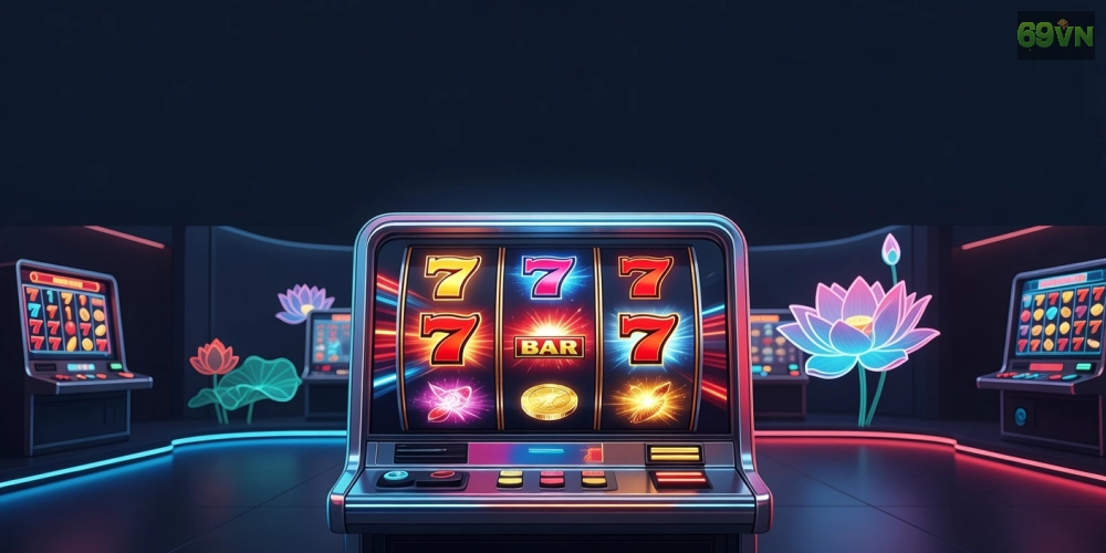 Minh họa khái niệm quay nổ hũ 69vn với hình ảnh slot machine hiện đại và jackpot sáng lấp lánh